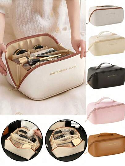 1 pieza Bolsa de maquillaje de gran capacidad para viajes, organizador multifuncional impermeable para cosméticos, brochas, artículos de tocador, accesorios, esencial para vacaciones de verano, vuelta al colegio, bolsa de playa, bolso de mano