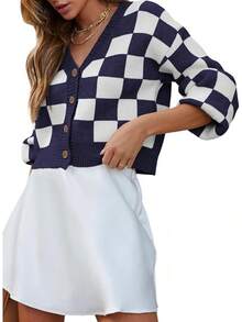Women's Checkered Button Down Long Sleeve Knit Cropped Cardigan Sweater Tops, Style - Blue - View 10