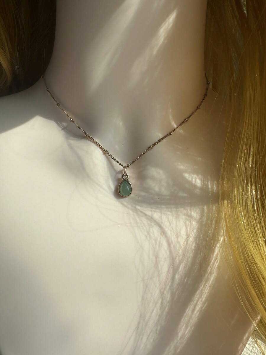 1pc Minimalist High-End Green Water Drop Pendant Stainless Steel Beaded Necklace, Suitable For Daily Wear, Best Gift For Women
