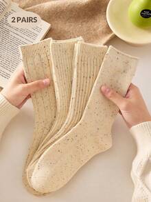 2 Paar Damen Punkte Garn Socken, einfach und lässig, Mittelhoch Socken, Crew Socken, dick & warm & weich & bequem, weiße Socken, Bodensocken in Zufallsfarben, geeignet für den täglichen Gebrauch und Ausflüge, für Herbst & Winter