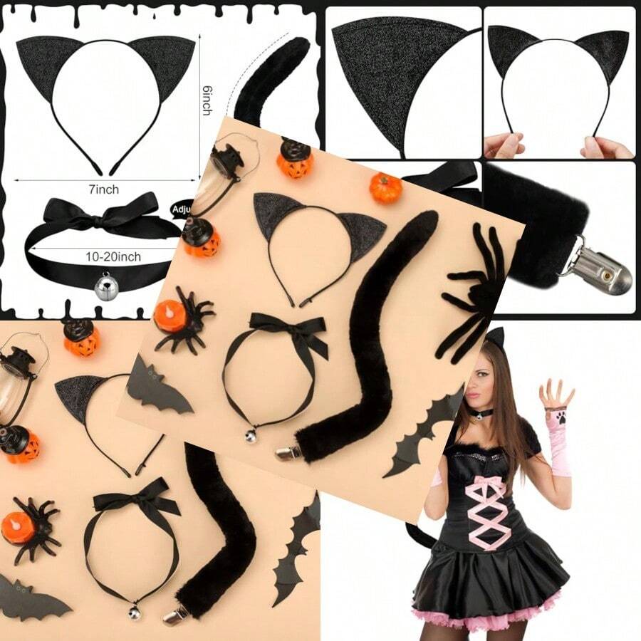 3 PCS Black Cat Costume Accessories Set For Women Black Cat Ears Headband Long Tail And Bell Choker Necklace Halloween Cats Cosplay Accessory Kit For Halloween Cosplay Dress Up Party Costume