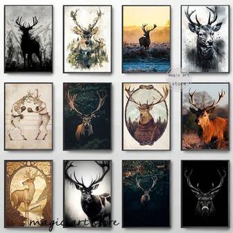 1 pieza /3 piezas Póster de arte de pared con opción de marco - Ciervo en el bosque, cabeza de ciervo, animal ciervo, paisaje forestal, naturaleza, arte, pósteres, pintura en lienzo, impresiones de pared, imagen para decoración del hogar