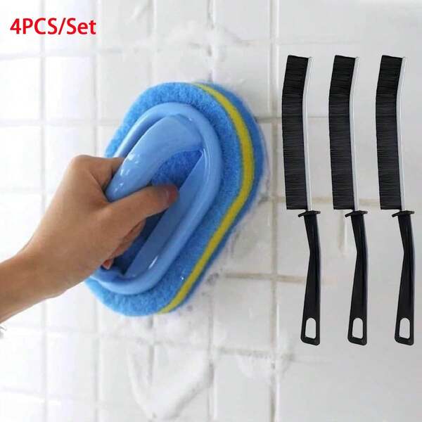 4pcs/Set Cleaning Brush For Bathroom Kitchen Bathtub Toilet Cleaner And Crevice Cleaning Brush, All Purpose Shower Sponge Scrubbing Brush With Ergonomic Handle