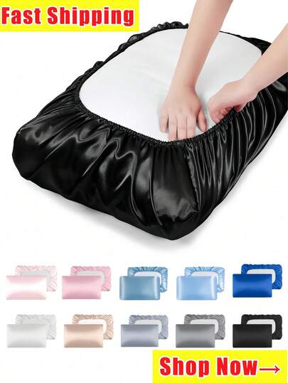 1pc/2pcs Satin Pillow Cases, Silk Pillow Cover Elastic Band Travel Pillowcover Soft Silk Satin Pillowcase For Hair Skin Standard Size/Queen Fit For Various Pillows,Room Decor,Halloween Decor,Halloween,Fall Decor