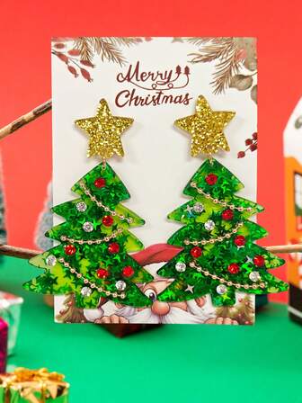 1 Pair European & American Cute Cartoon Design Jingle Bell, Sequin, Christmas Tree Acrylic Earrings