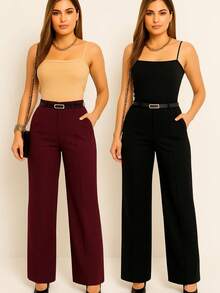 Kit 2 Women's Wide Leg Pants With Belt - 黑色/酒紅色 - 查看 3