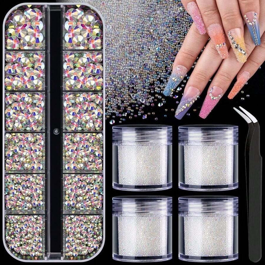 1.5-6mm Round AB Nail Rhinestones Crystals For Nail Art Manicure And AB Pixie Caviar Beads, Sugar Tiny Dust Glass Iridescent Long Lasting Shine Rhinestone Bead Gem Jewels Diamond{"Size_name":"1.5-6mmAB+AB"} - 1.5-6mmAB+AB - 查看 1