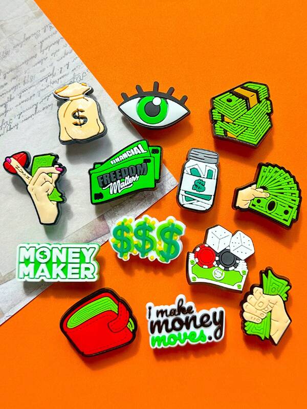 13 PCS US Dollar Series, PVC Shoe Decorations, Money Bags, Banknotes, Dollar Sign, Dice, Cash Money Financial Freedom Shoe Decorations, Suitable For Men's And Women's Slippers Decoration DIY Wristbands, Handcrafted DIY, Money-Themed Decorations