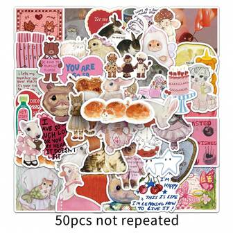 50pcs Vintage T-Shirt Cartoon Stickers, Cute Aesthetic Decals For Phone, Cup, Skateboard, Indie Style