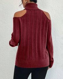 Womens Cold Shoulder Turtleneck Sweaters Fall Long Sleeve Soft Knit Pullovers Jumper Tops - 酒紅色 - 查看 3