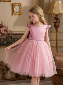 少女粉色短袖薄纱手工串珠蝴蝶结圣诞派对优雅礼服，公主裙，适合女孩生日派对、宴会、舞会、花童婚礼、感恩节、毕业典礼等场合。 - 粉色 - 查看 7