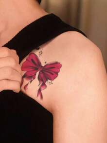 1 pieza Tatuaje temporal a prueba de agua y sudor con decoración de lazo rojo, tatuaje falso de moda con lazo y cinta, tatuaje temporal adecuado para decoración de cumpleaños, boda y fiesta