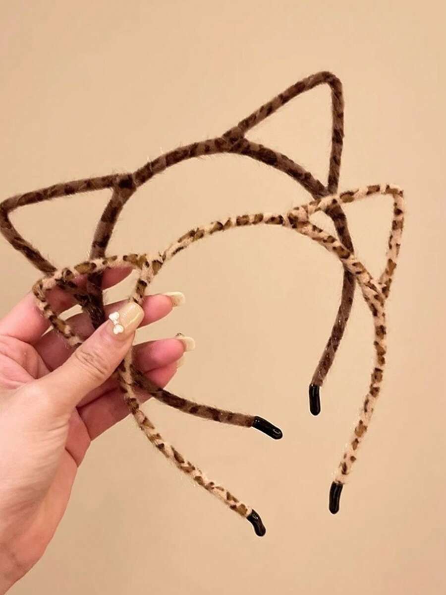 Polyester Cute Leopard Print Cat Ear (Steamed Cat Ear Shaped Bread) Hair Hoop For Women, Net Red Face Washing Press Hair Hoop, Rabbit Ear Hair Clip, Cat Ear (Steamed Cat Ear Shaped Bread) Press Hair Headband - Multicolor - View 1