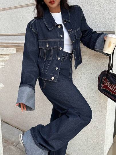 DEEKA Nouvelle veste en jean à manches retroussées simple et décontractée pour femmes, idéale pour le printemps et l'automne. Vêtements de tous les jours et de retour à l'école.