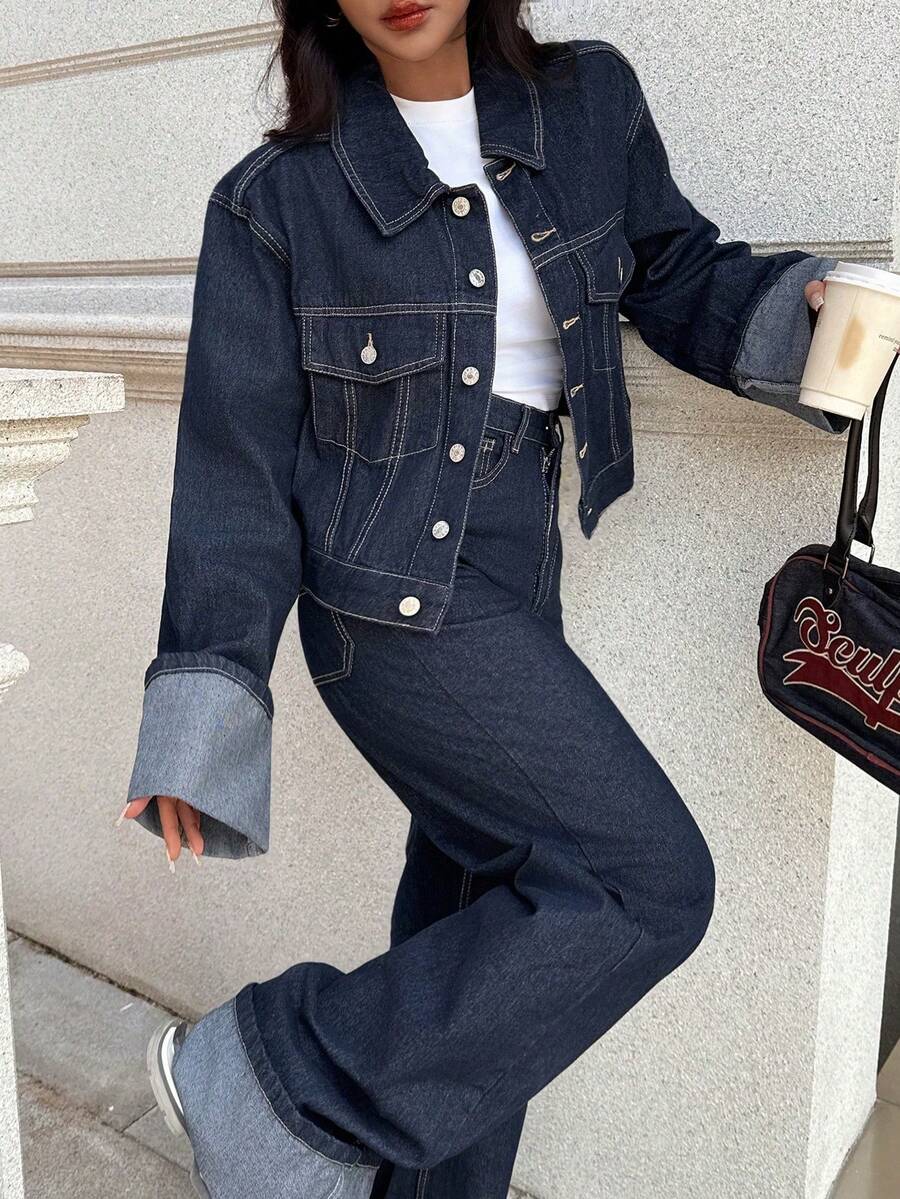 DEEKA Spring & Autumn New Women's Casual Everyday Rolled Sleeve Denim Jacket, Streetwear Back To School Clothes