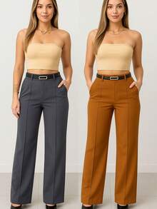 Kit 2 Women's Wide Leg Pants With Belt - 灰色/焦糖色 - 查看 2