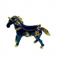 Caja de joyería de aleación con forma de caballo de 11 cm, decorada con esmalte de colores, incrustada con rhinestones, como decoración de mascota o perro, regalo decorativo para enviar a la familia o para la vuelta al colegio, para almacenamiento en el dormitorio - Caballo azul - Ver 7