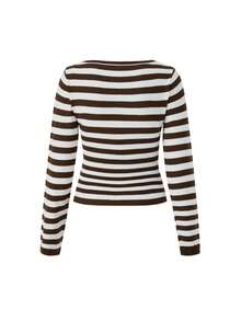 FOR BEAUTY New Autumn And Winter Contrasting Striped Boat Collar Long Sleeved Knitted Short Top, Korean Casual Simple Slim Fit Versatile Lazy Sweater, Daily Go Out Commuting Street Pullover Autumn Women's Clothing Christmas New Year