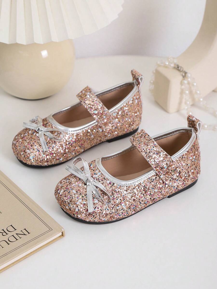 1 par de zapatos de ballet dorados para niñas pequeñas y de talla grande, con decoración de lazo brillante, cierre, diseño simple de punta redonda, zapatos casuales de princesa, adecuados para niñas de 3 a 12 años, para uso diario, escuela, fiesta y exterior, nueva llegada de otoño