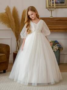 Đầm dự tiệc ren trắng thêu nơ lưới thanh lịch cho bé gái tuổi teen, Đầm công chúa thích hợp cho tiệc sinh nhật, tiệc chiêu đãi, dịp trang trọng, vũ hội, hoa cưới - trắng - Xem 4