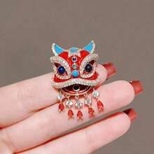 Classic Retro  Red Lion Dance Brooch With Artificial Crystal Decoration Traditional Chinese Design Ladies Art Celebration Accessories Suitable For All Seasons - 1 - 查看 1