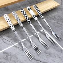 5/10pcs Geometric Pattern Ceramic Handle Stainless Steel Cutlery Set, Polished Surface Tableware With Dessert Spoon, Coffee Spoon, Small Spoon, Small Fork And Fruit Fork - Multicolor - View 14
