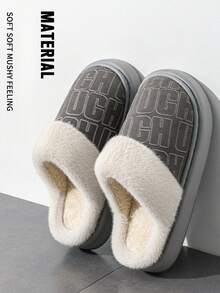 Grey Letter Men's House Slippers, Warm Fluffy Lining, Comfortable EVA Thick & Soft Sole, Lightweight For Bedroom Couple Wear, Winter - Grey - View 3
