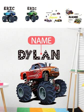 120*30cm、カスタムウォールステッカー、名前をカスタマイズ可能、オフロード車、漫画車 - PVC 自己接着式 取り外し可能なウォールステッカー、保育園、子供部屋、遊び場、教室に最適 – かわいくて創造的な壁の装飾