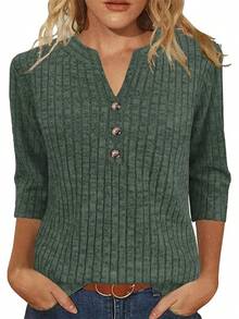 Womens Sweaters 3/4 Length Sleeve Tops Fall Fashion V Neck Casual Sweatshirt Winter ClothesChristmas - Green - View 10