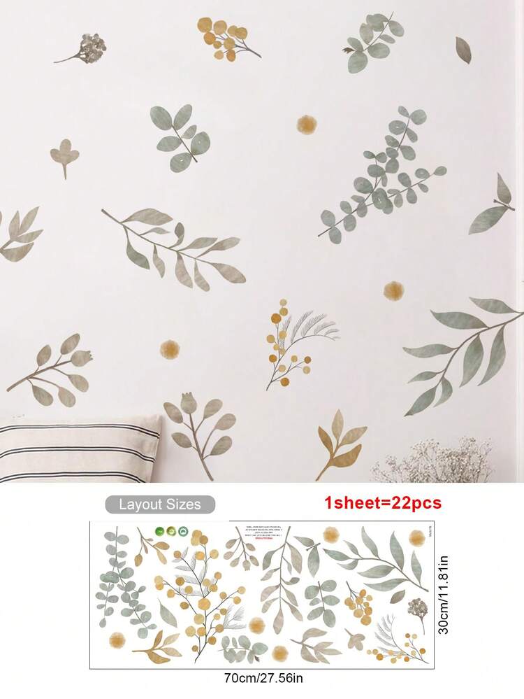 SURELIFE 1 Piece Of Fresh And Simple Green Leaf Flowers Small Floral Bohemian Wall Stickers Waterproof Pvc Removable Art Stickers Suitable For Kitchen Bathroom Children's Room Home Decoration Classroom Decoration Wallpaper