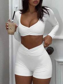 2pcs/Set Women Casual High Stretch Pink Ruffle Collar Long Sleeve Cropped Top And Shorts White Spring - White - View 5