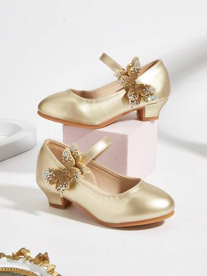 زوج من أحذية البنات الصغيرات/الأطفال ذات الطبقتين من الجلد الصناعي المرصع بالراين ستون بشكل فيونكة وكعب عالي برؤوس مستديرة، أحذية أنيقة وعصرية متعددة الاستخدامات مناسبة للربيع/الصيف/الخريف، مناسبة للكريسماس/الحفلات/العروض