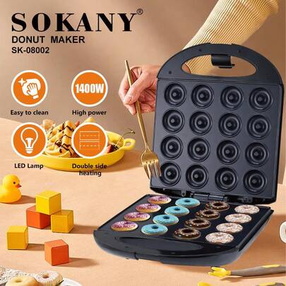 SOKANY 08002 Máquina inteligente de temperatura constante para hacer donas/pasteles/desayunos. 1400W de alta potencia, con pantalla LED, calentamiento por ambos lados. Revestimiento antiadherente, fácil de limpiar. Adecuado para hacer donas, pasteles, aperitivos y otros postres. Perfecto para el té de la tarde hecho en casa. Herramienta de cocción esencial para la cocina. Una opción de regalo ideal.