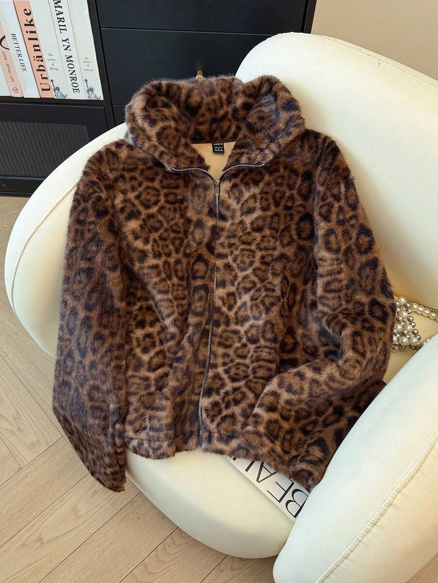 Áo khoác cardigan len mohair phủ toàn thân họa tiết da báo Colorblock có khóa kéo, mặc hàng ngày - Cà phê nâu - Xem 1