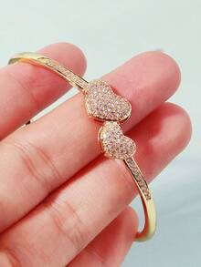 1pc Zirconia Inlaid Double Heart Design Fashion Bracelet For Women, Elegant Casual Everyday Wear