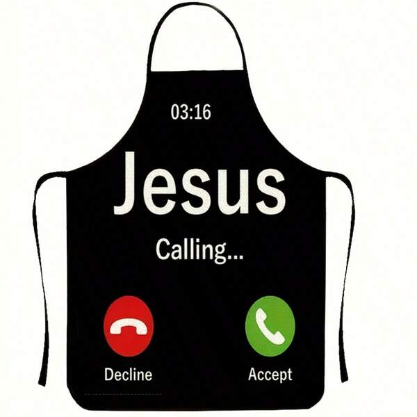 1pc Jesus Calling Phone Screen Print Apron - Humorous Religious Kitchen Apron With "03:16" And Accept/Reject Buttons, Durable Linen Unisex Cooking Accessory, Suitable For Home Decor, Cute Apron