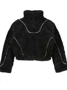 1pc Y2K Contrast Color Streetwear Style Fleece Jacket For Teenage Boys, American Short Minimalist Design, Warm & Comfortable, Suitable For Commuting, Casual Outings, Can Be Worn As An Open Front Cardigan