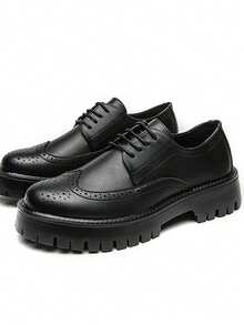 Men's Spring 2024 New Youth Round Toe Breathable British Style Thick-Soled Lace-Up Casual Daily Work Leather Shoes