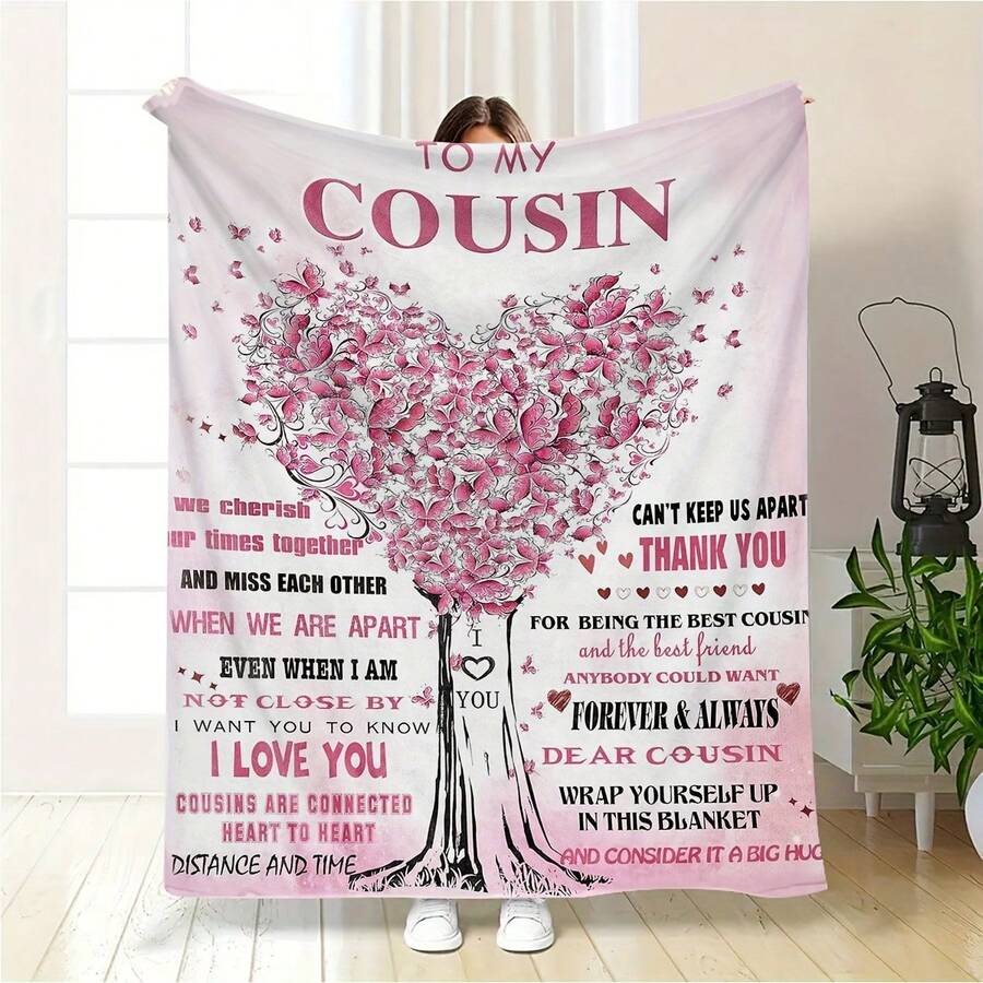 Personalized Cousin Blanket A Modern Style Throw With Printed Messages And Heart Design - Perfect For Travel, Office, Or Home Decor