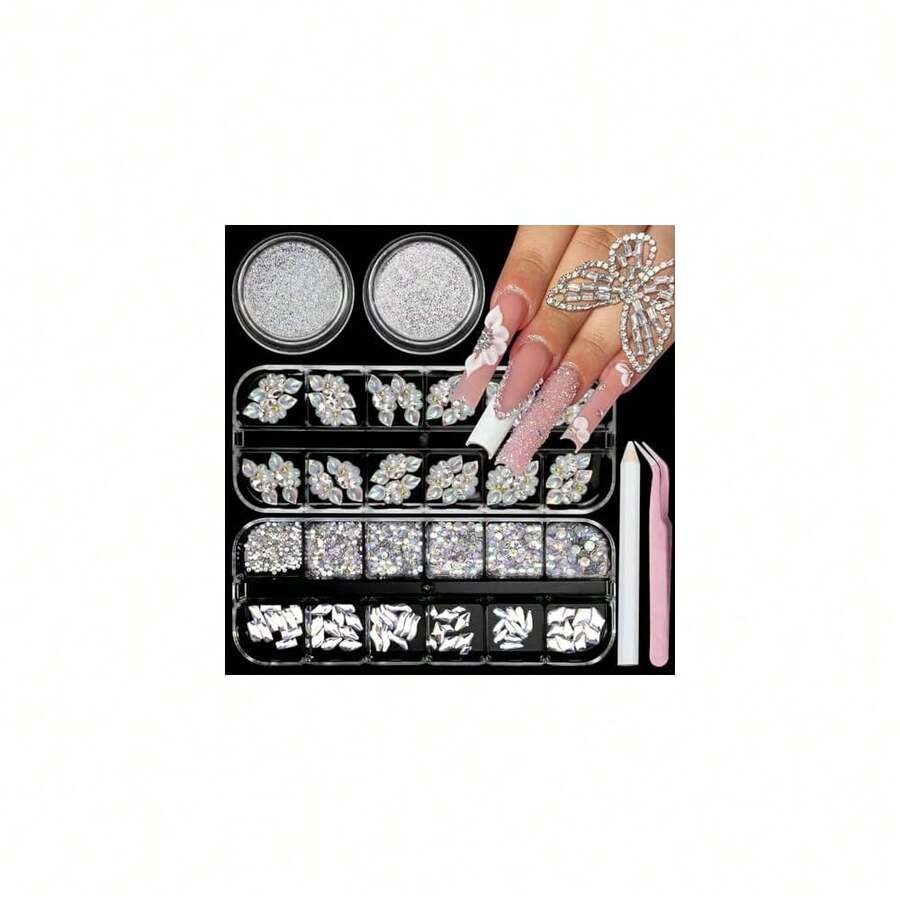 Rhinestones For Nails, Flatback Multi Shape Gems 3D Flowers Nail Charms Mixed Nail Glitter Powder Supplies Moonlight Crystal Jewelry Accessories For Women Manicure Decorations Design{"Color_name":"Colorful-06"} - 多彩-06 - 查看 1