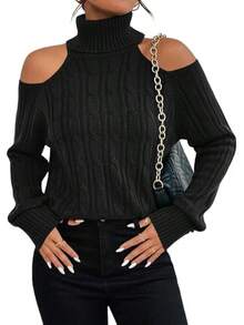 Womens Cold Shoulder Turtleneck Sweaters Fall Long Sleeve Soft Knit Pullovers Jumper Tops - 黑色 - 查看 7
