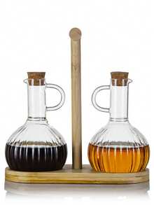 1 set Bouteille d'huile en verre borosilicaté haute qualité, plateau pour bouteille d'huile, support en bois, bouchon en bois scellé, bouteille de sauce soja, stockage de condiment de vinaigre, récipient liquide résistant à la chaleur pour cuisine, conteneur, distributeur