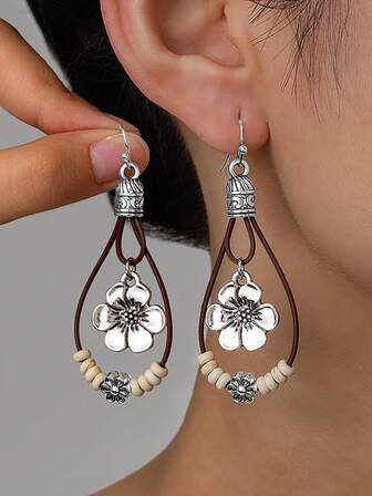 1 对复古梅花吊坠耳环，双层 PU 皮革吊坠耳环，男女通用日常/派对珠宝，秋冬时尚耳环