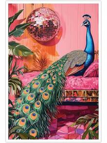 1Pc Wooden Frame Canvas Painting,Interesting Peacock And Disco Ball Poster Plant Wall Art, 2D Flat Canvas Wall Art, Bedroom, Office, Living Room, Coffee Shop, Bar, Wall Decoration, Halloween, Christmas Gifts - 粉色 - 查看 1