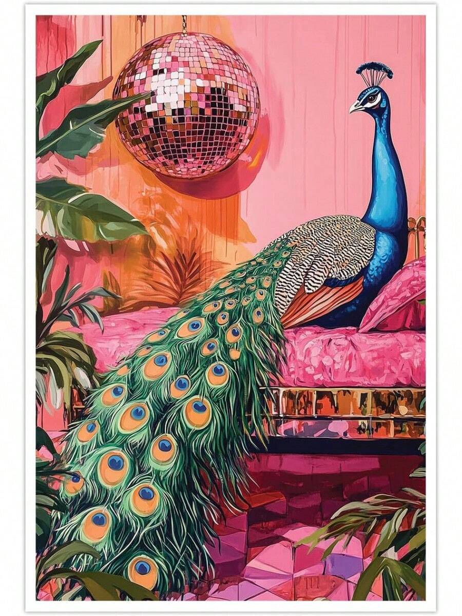 1Pc Wooden Frame Canvas Painting,Interesting Peacock And Disco Ball Poster Plant Wall Art, 2D Flat Canvas Wall Art, Bedroom, Office, Living Room, Coffee Shop, Bar, Wall Decoration, Halloween, Christmas Gifts - 粉色 - 查看 1