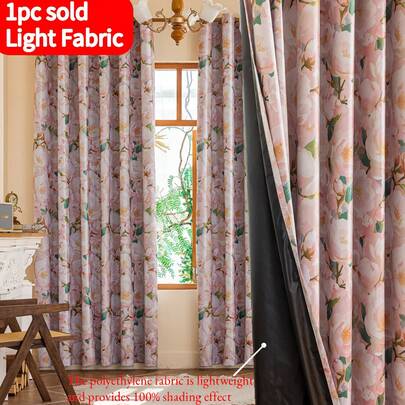 1pc French Romantic Pink Rose Print Blackout Curtain, Fade-Resistant, Lightweight Fabric, 100% Blackout Coating, Privacy Protection, All-Season, Washable, Grommet Top, 3D Effect, Victorian Style Home Window Decor, For Living Room, Bedroom, Office, Room Darkening, Anniversary Decoration