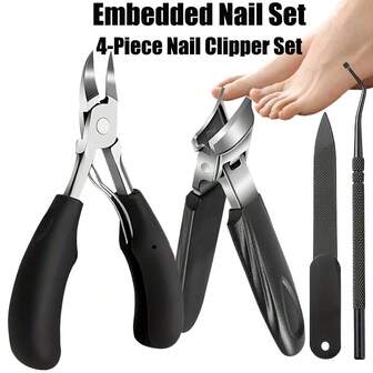 4-Piece Stainless Steel Toenail Trimming Set - A Professional Foot Care Combination With Nail Files, Pliers, And Trimming Tools. The Classic Black Handle Design Is Suitable For Men, Women, And The Elderly