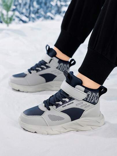 Children's Popular Leather-Surfaced Waterproof, Insulated, 3-In-1 Protective Shoes With Wear-Resistant Anti-Slip Soles, Convenient Hook & Loop Closure, High-Top Outdoor Winter Shoes, Casual Sneakers