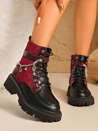 Side Zipper Lace-Up Colorblock Punk Side Zipper Lace-Up Metal Eyelets Women Ankle Boots And Short Boots, Party Women Ankle Boots And Short Boots