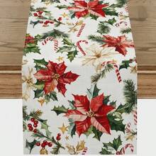 1 Set Leinen Weihnachts-Tischläufer, entworfen mit einem Poinsettia-Muster mit Tannenzweigen, Stechpalme und Beeren als Verzierungen, strapazierfähige Polyester rechteckige Tischdecke, Weihnachtsdekoration geeignet für ländliche Feiertags-Dekoration